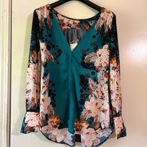 Free People Teal Floral V-Neck Blouse with Pink and Rust Accents